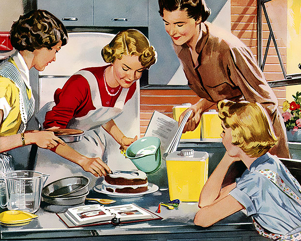 1950s style illustration of four housewives baking a cake together.