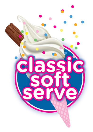 Colourful logo design by BKAD for Classic Soft Serve depicting an ice-cream with sprinkles